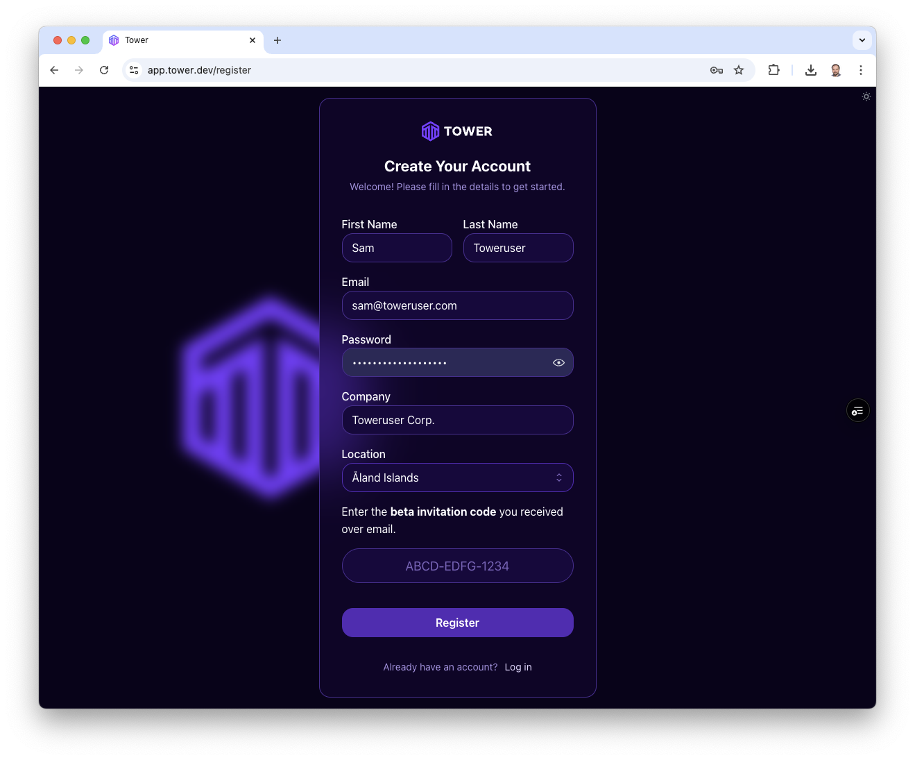 Registration page in Tower