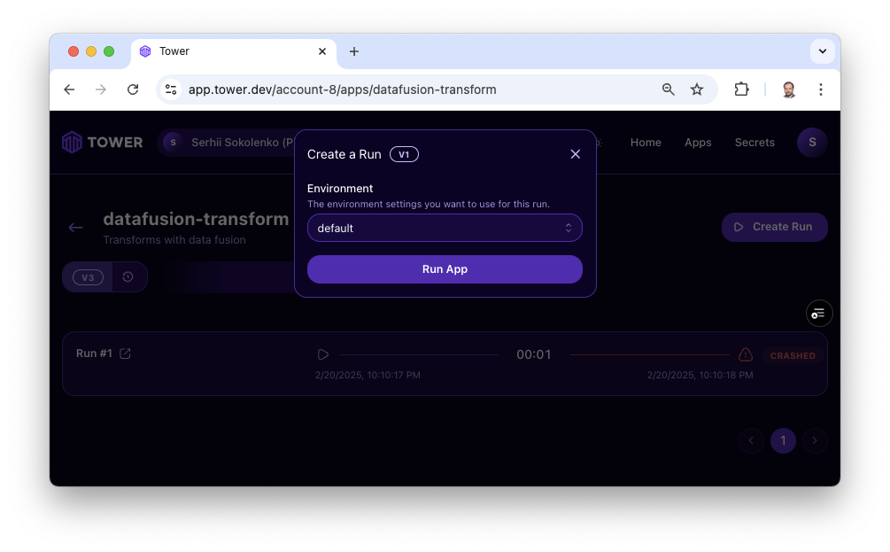 Create Run in Tower UI