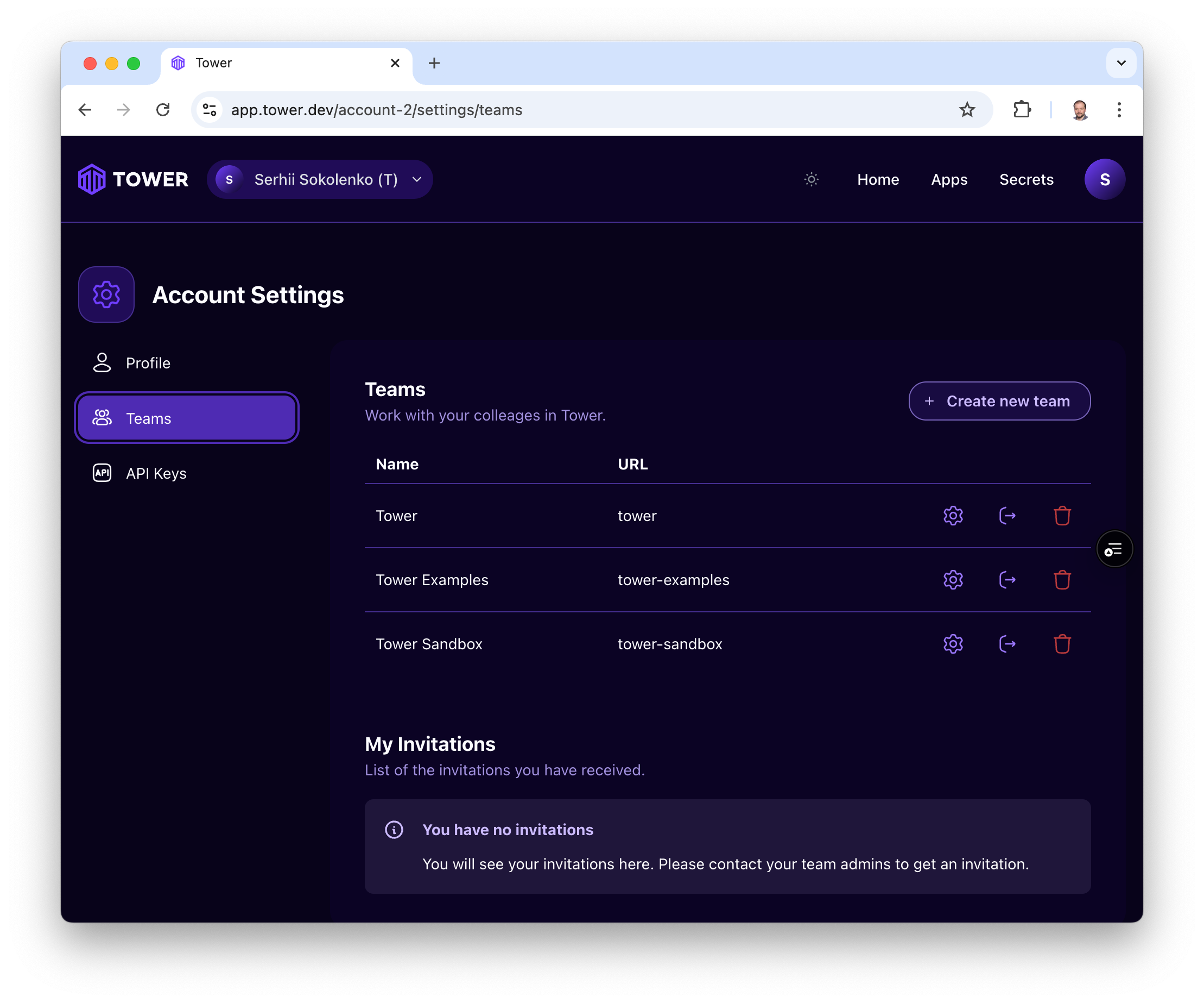 Teams under Personal Settings