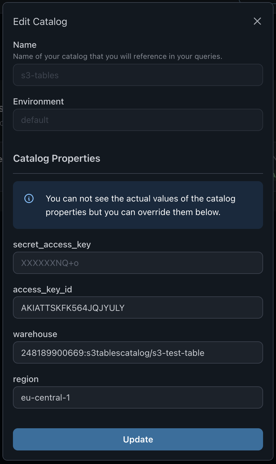 S3 Tables Catalog Settings