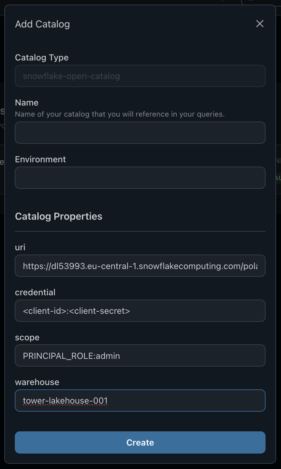 Snowflake Open Catalog Settings